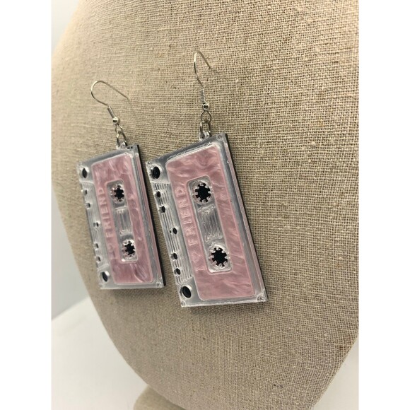 Retro 80’s Pink Cassette Earrings - Picture 2 of 4